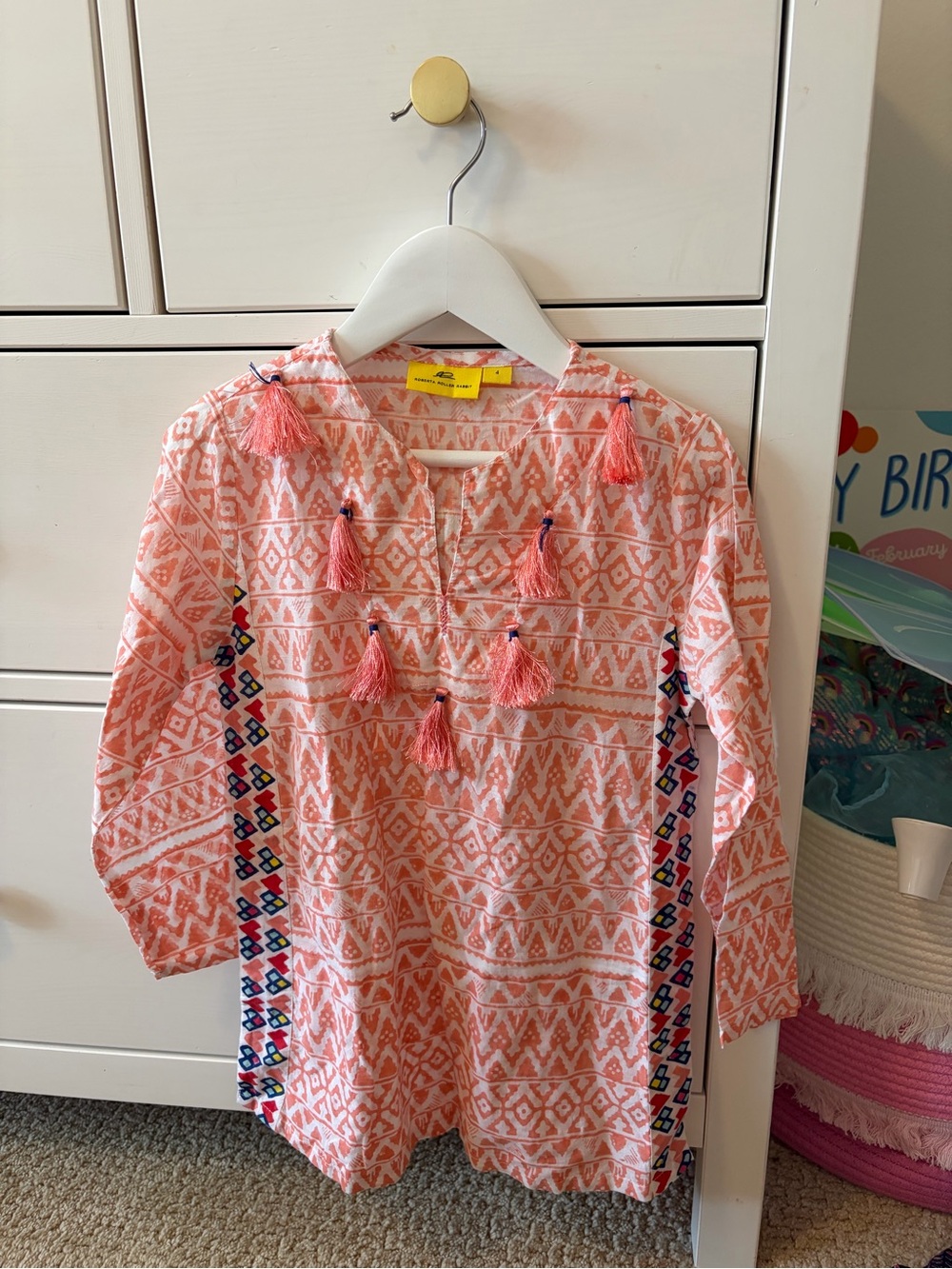 Roberta Roller Rabbit Girls 4 White Pink Boho Tunic Tassel Aztec Print